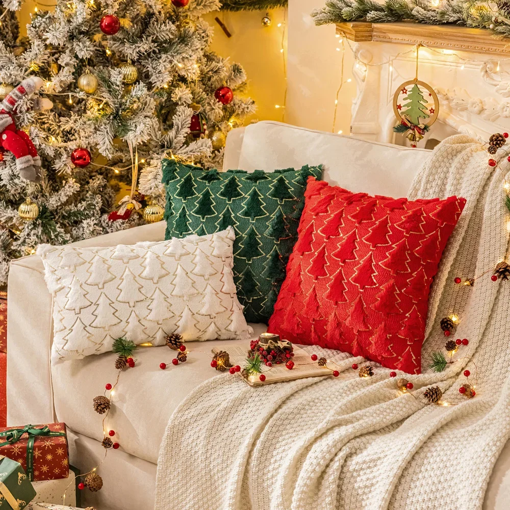 [Only Includes Pillowcase] Christmas Tree Glitter Plush Pillowcase Holiday Embroidery Living Room Sofa Cushion Cover Decoration