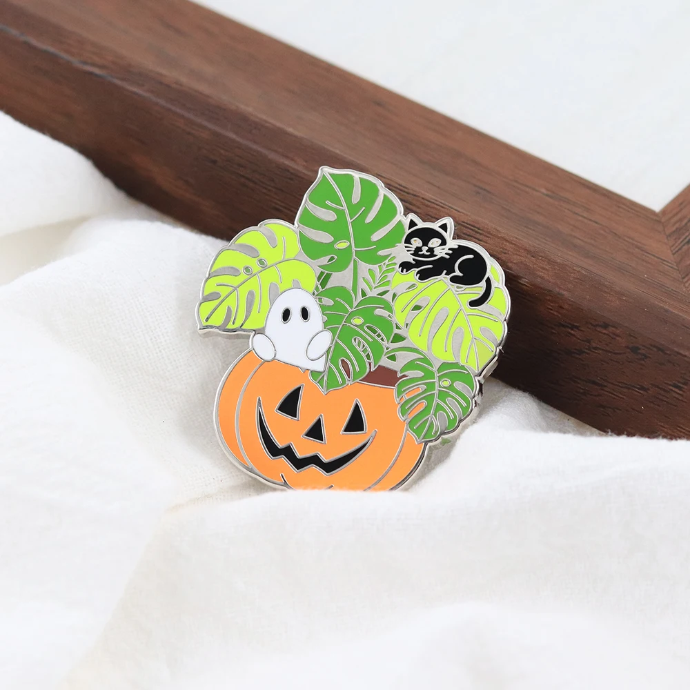 Halloween Pflanzendekor Emaille-Pin Kürbis Jack Gruseliger Monstera Pflanzentopf Brosche Geist Schwarze Katze Abzeichen Geschenk Accessoire – Detail 5