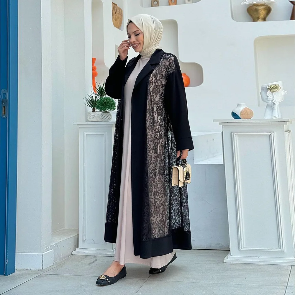 

Fashion Women Jacket Lapel Luxury Dubai Abayas Muslim Dress Outerwear Turkey Kaftan Kebaya Islam Clothing Lace Kimono Jalabiya