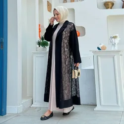 Moda damska kurtka z klapami luksusowe dubaj abaje muzułmańska sukienka odzież wierzchnia turcja Kaftan Kebaya islamska odzież koronkowe kimono Jalabiya