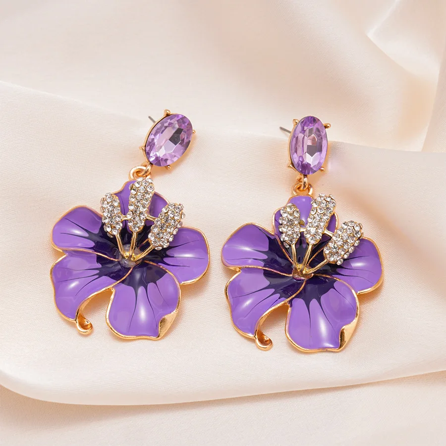 Retro drop oil set diamond flower petals steel needle earrings personality small temperament senior sense earrings