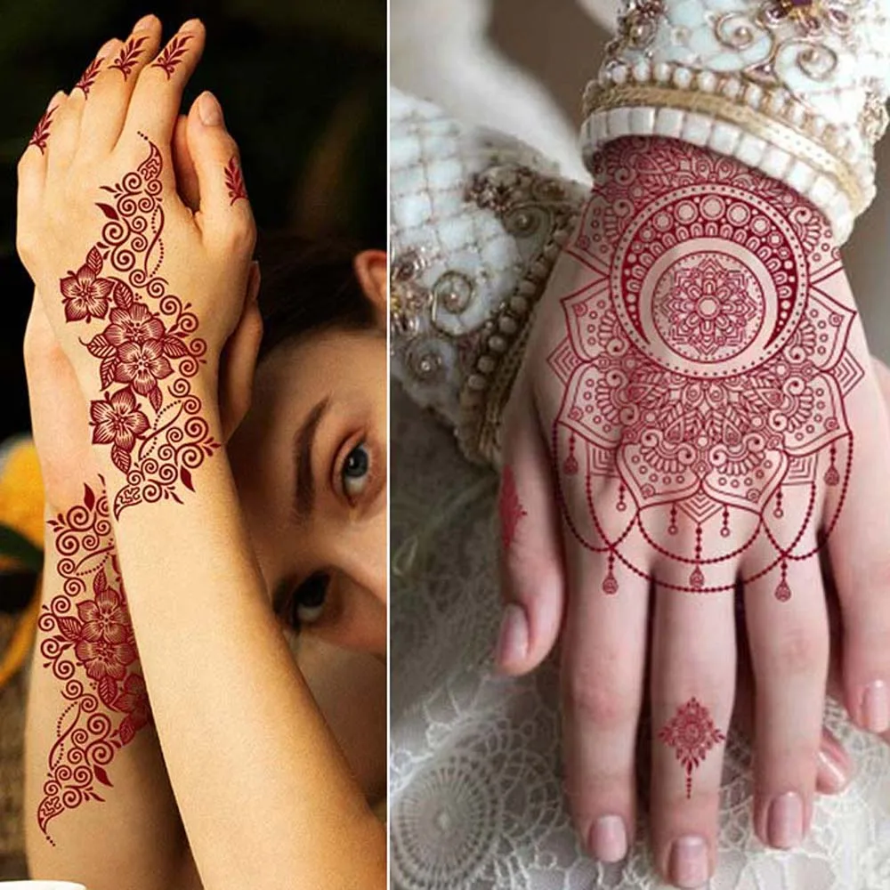 

Red Mehndi Stickers Henna Tattoo Stickers Water Transfer Decals Fake Tattoo for Women Temporary Tattoo India Flower Lace Tattoo