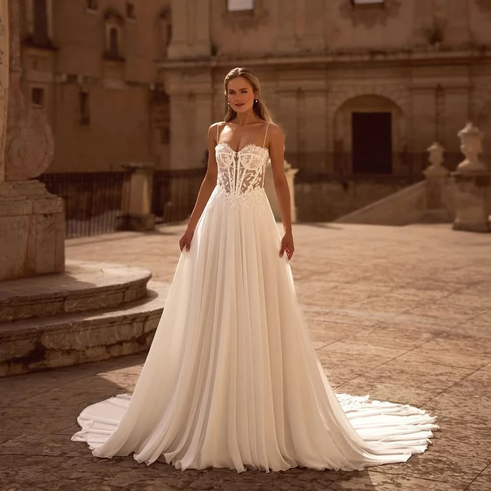 

Elegant Strapless Wedding Dresses Lace Appliques Backless Spaghetti Straps Formal Party Gowns For Wedding Vestido Marriee