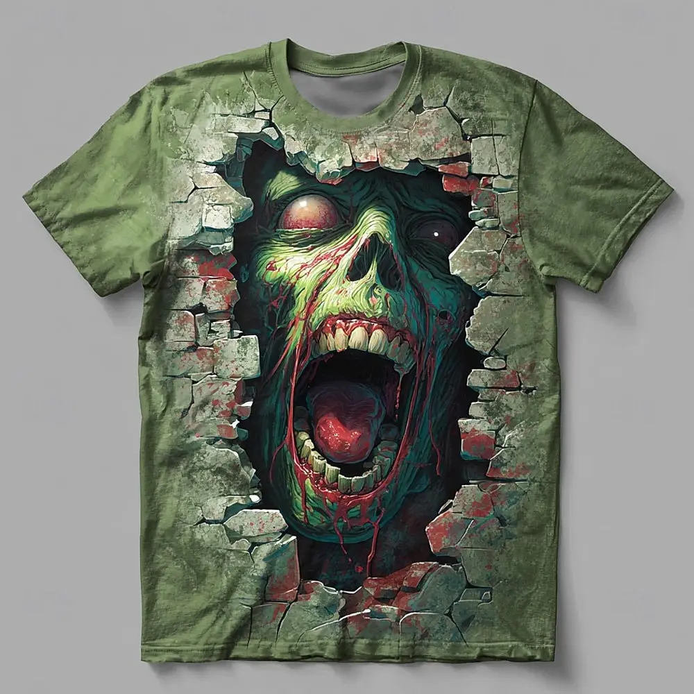 Halloween Men's Optical Illusion 3D Skull Zombies Print T-Shirts Street Men Women Short Sleeve T-Shirt Horror Party Boy Clothing
