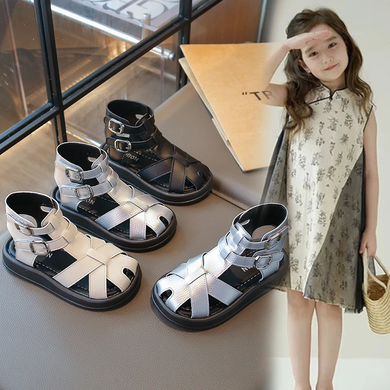 

2025 Summer New Style Summer Open Toe Genuine Leather Sandals Flat Shoes Roman Sandals Fashion Girls Shoes Flat Sandals