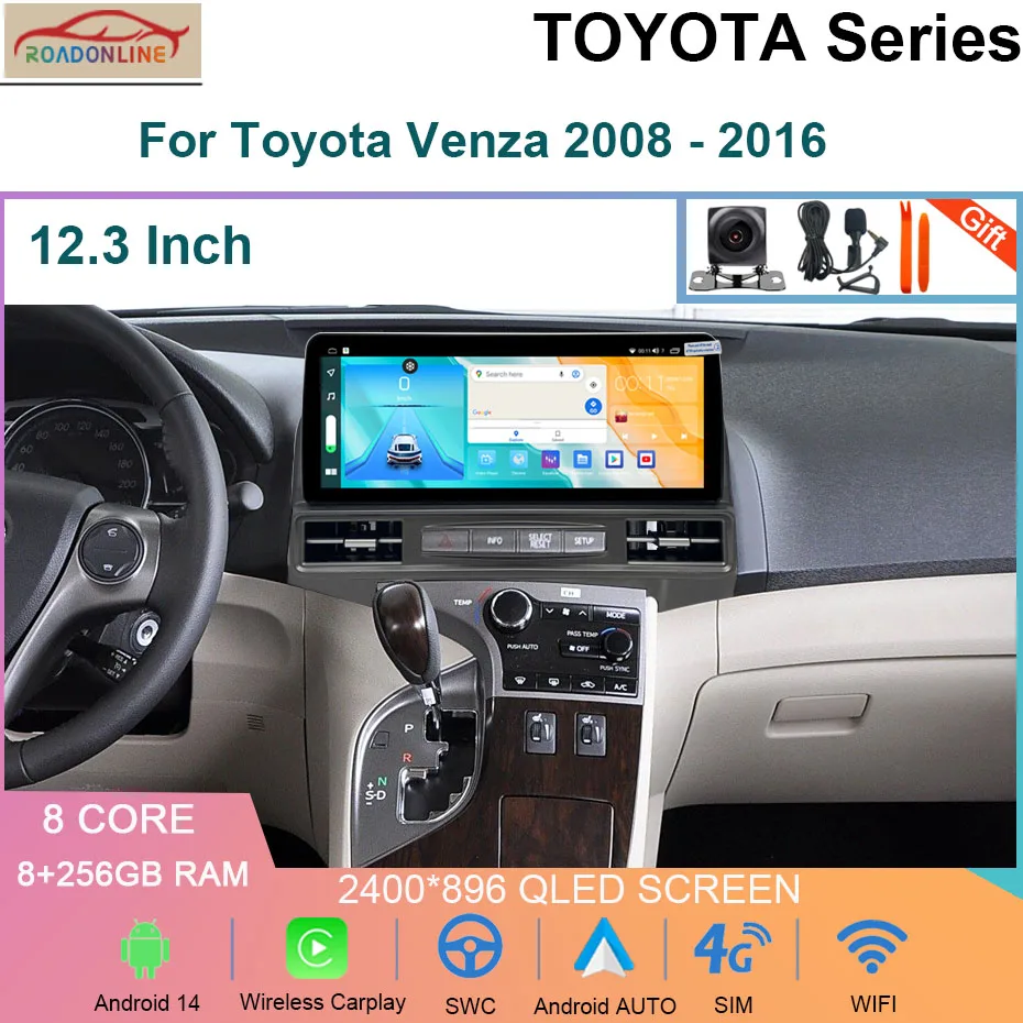 Android 14 Carplay Radio 12.3 INCH For Toyota Venza 2008 - 2016 Multimedia Video Player Navigation Stereo GPS