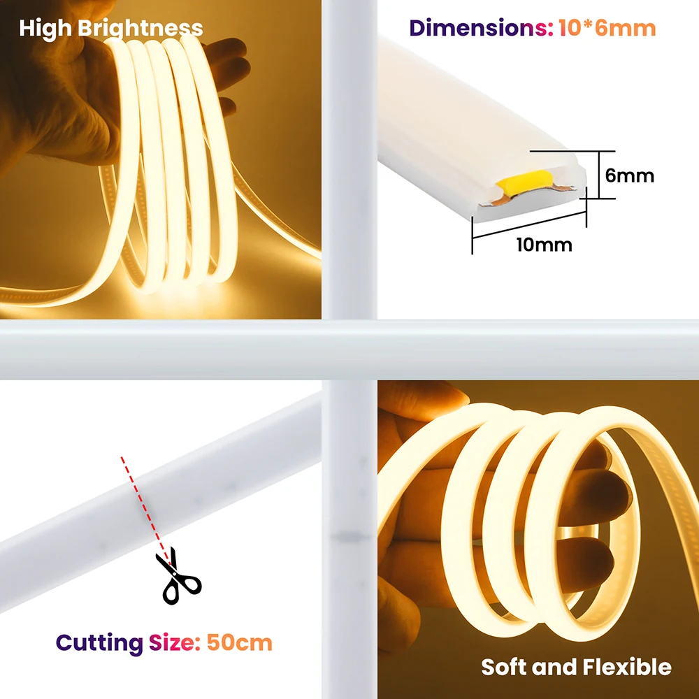COB LED Neon Strip Light with Dimmer Switch Power Plug 220V 3000K 4000K 6000K 288 LEDs Flexible Warm White 5m 10m 20m 30m 0.5m