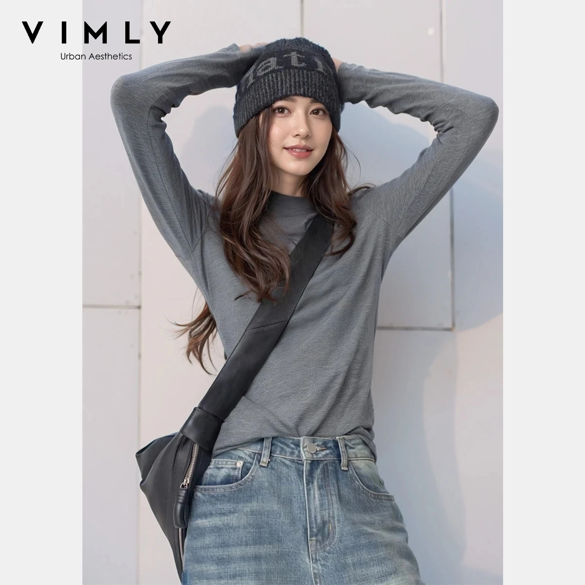 

Женский топ с полуводолазкой Vimly, осень 2022, однотонные футболки из смесовой шерсти с длинными рукавами, универсальный повседневный базовый офисный пуловер M8881