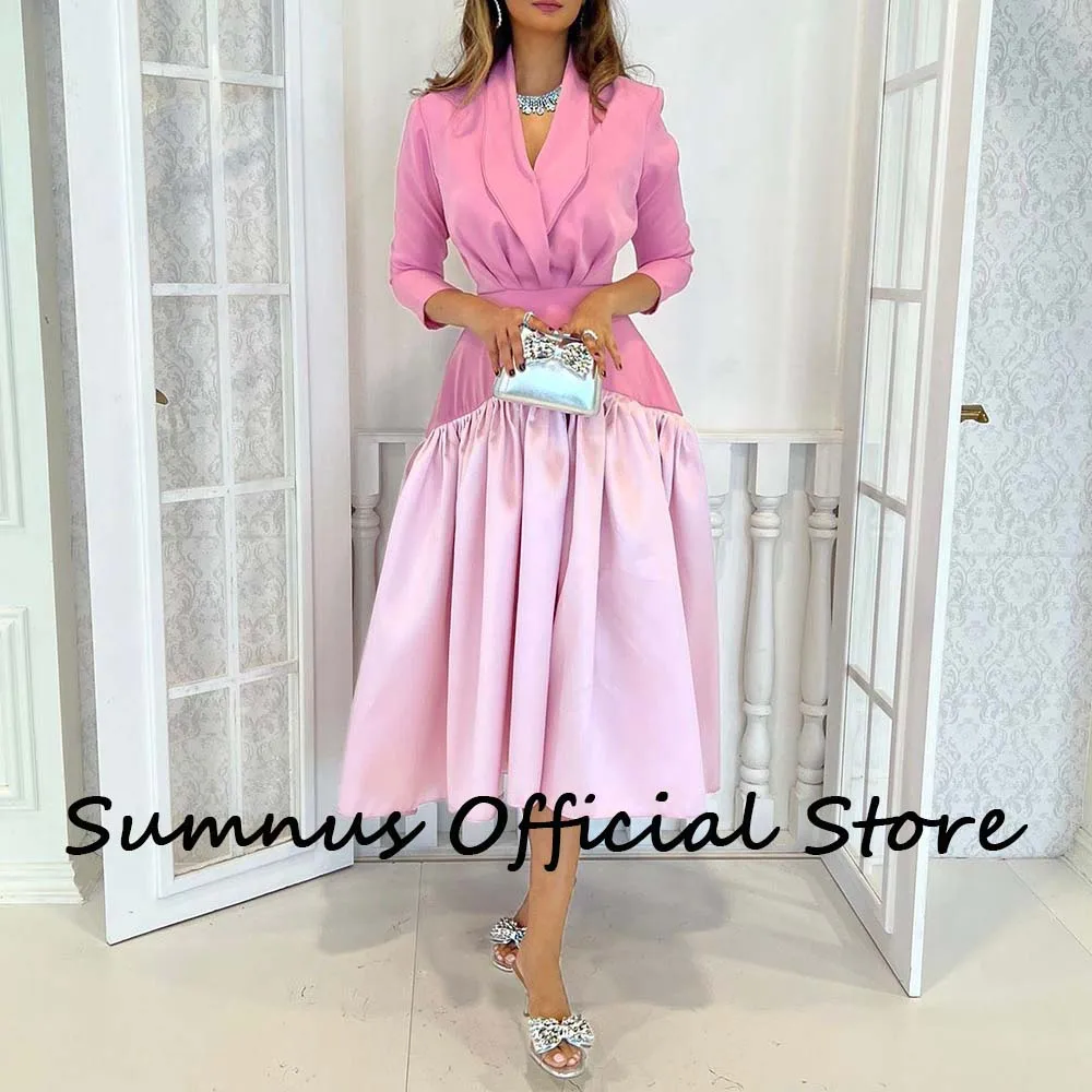 Sumnus Pink Long Sleeve A Line Saudi Arabia Evening Dresses Draped Satin Elegant Midi Women Formal Gowns Dubai Prom Party Dress