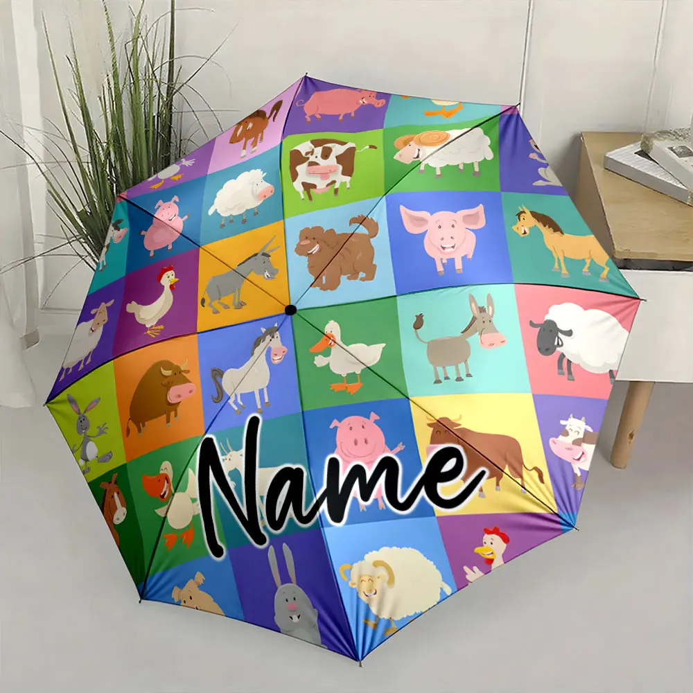 Custom Name Umbrella Colorful Cartoon Farm Animals Kids Umbrella Print 8 Iron Ribs Folding Umbrella Auto-Open Fashion Sunshade