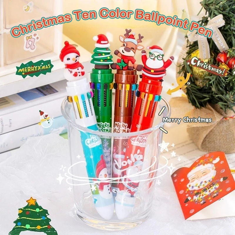 Stylo à bille multicolore de Noël Kawaii, dessin animé, père Noël, bonhomme de neige, 10 stylos à presser pour documents, étudiant, cadeaux d'acquisition, mignon