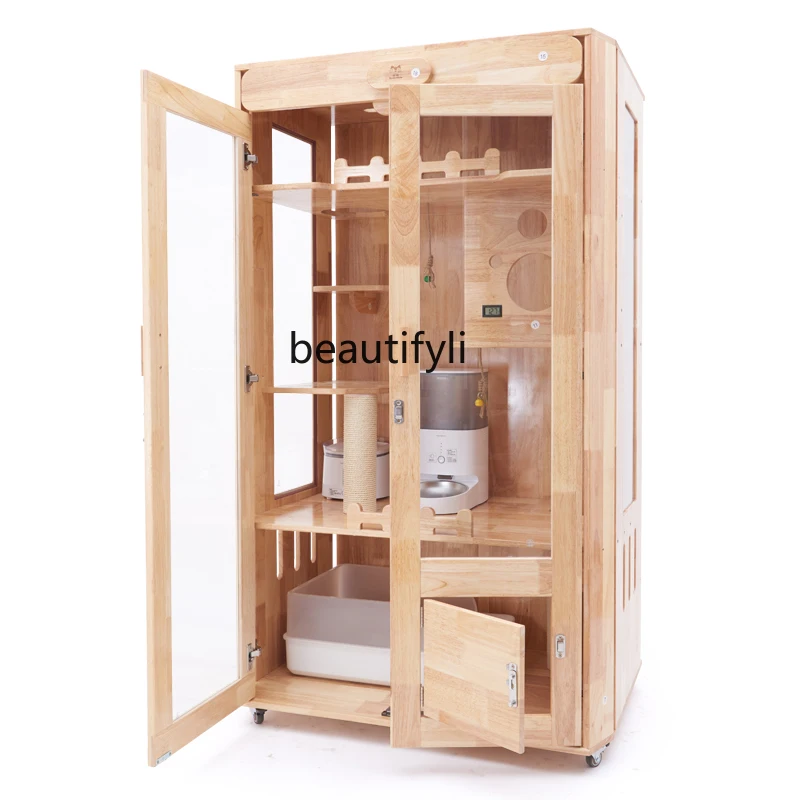 

Solid Wood Cat Cage Large Free Space Cat House Household Two-Layer Dogs and Cats Cabinet with Toilet