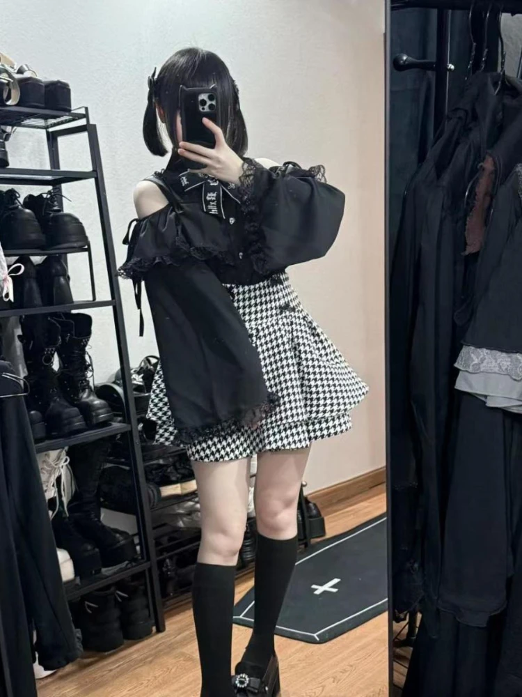 Gótico fora do ombro blusa preta houndstooth saia conjunto feminino y2k harajuku doce punk outfit manga larga superior saia de cintura alta