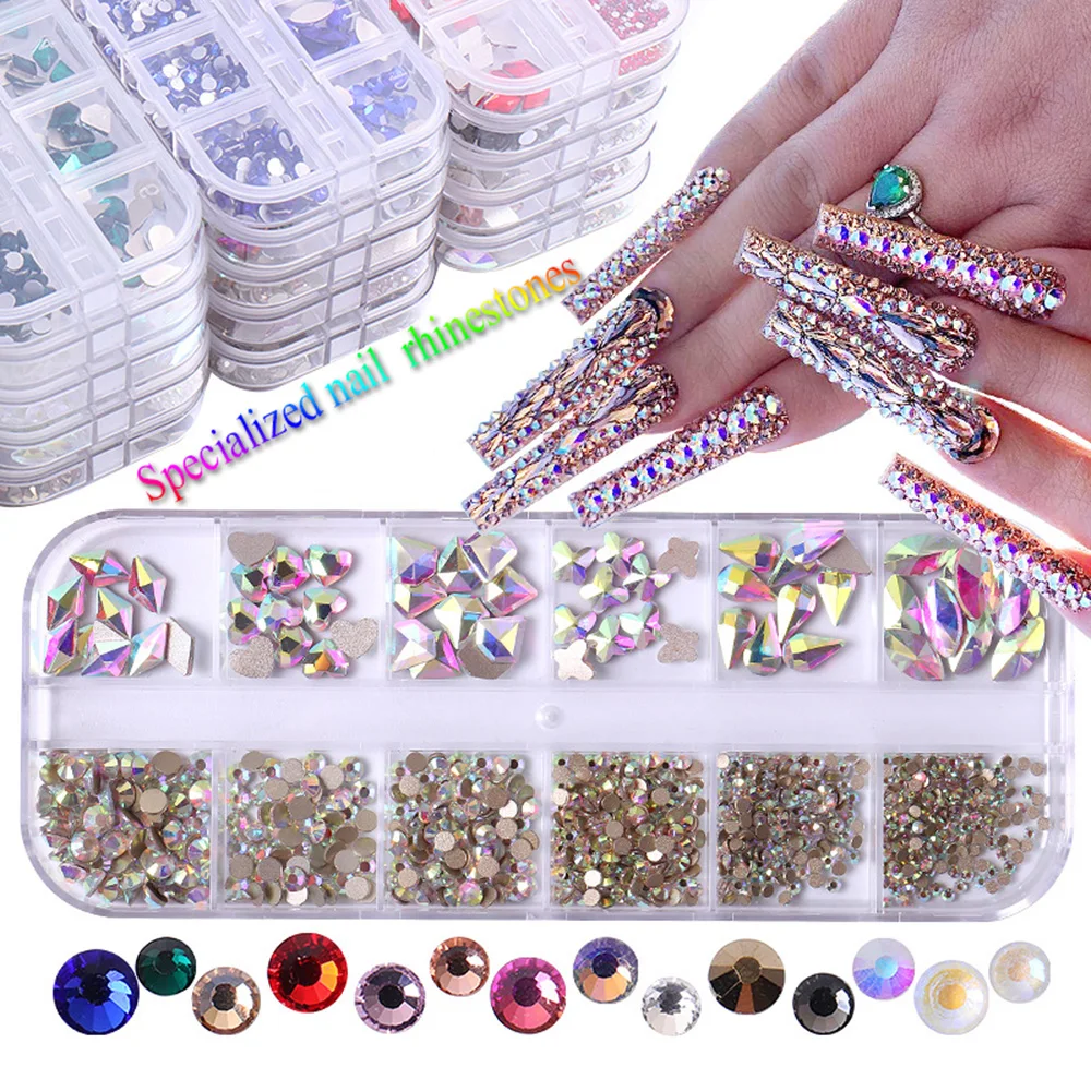 1Set Flatback Shiny Crystals Strass Stones Beads 12 Grids Non Hot Fix Glue On Rhinestones for Nail Decoration Nail Accessories