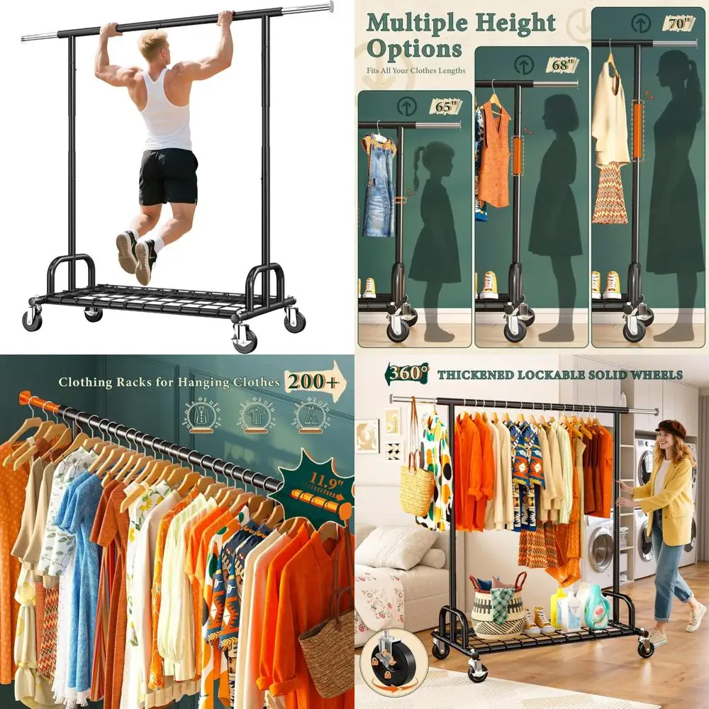 

Heavy-Duty Rolling Clothes Rack for Hanging Over 200 lbs, Extendable and Durable for Large Clothing Collections