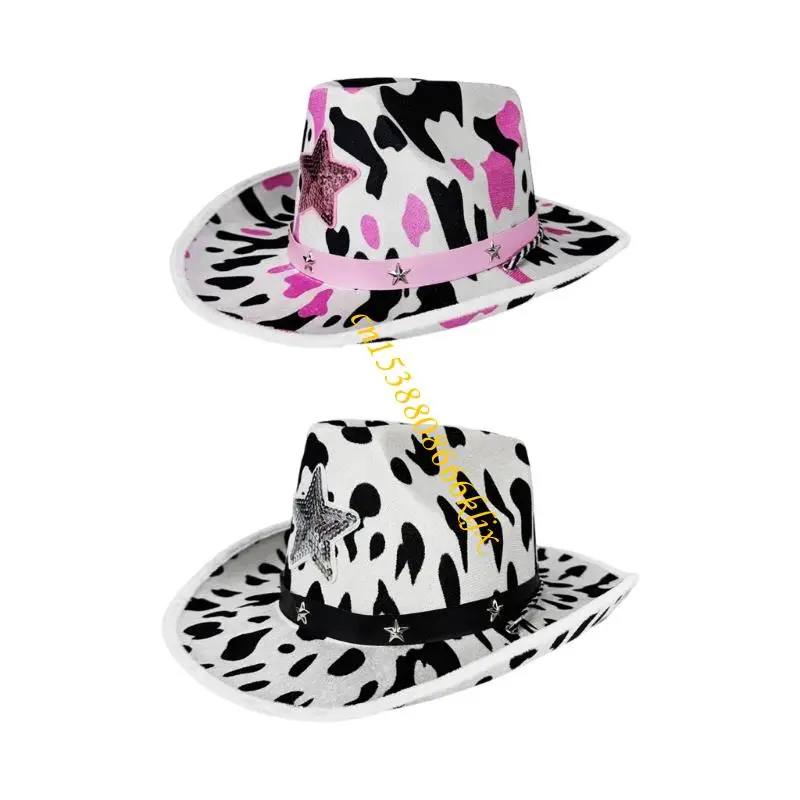 

Breathable Cotton Cowgirls Hat With Sequins Star Cow Print Decoration Practical Cosplay Caps For Western Theme Event 066C