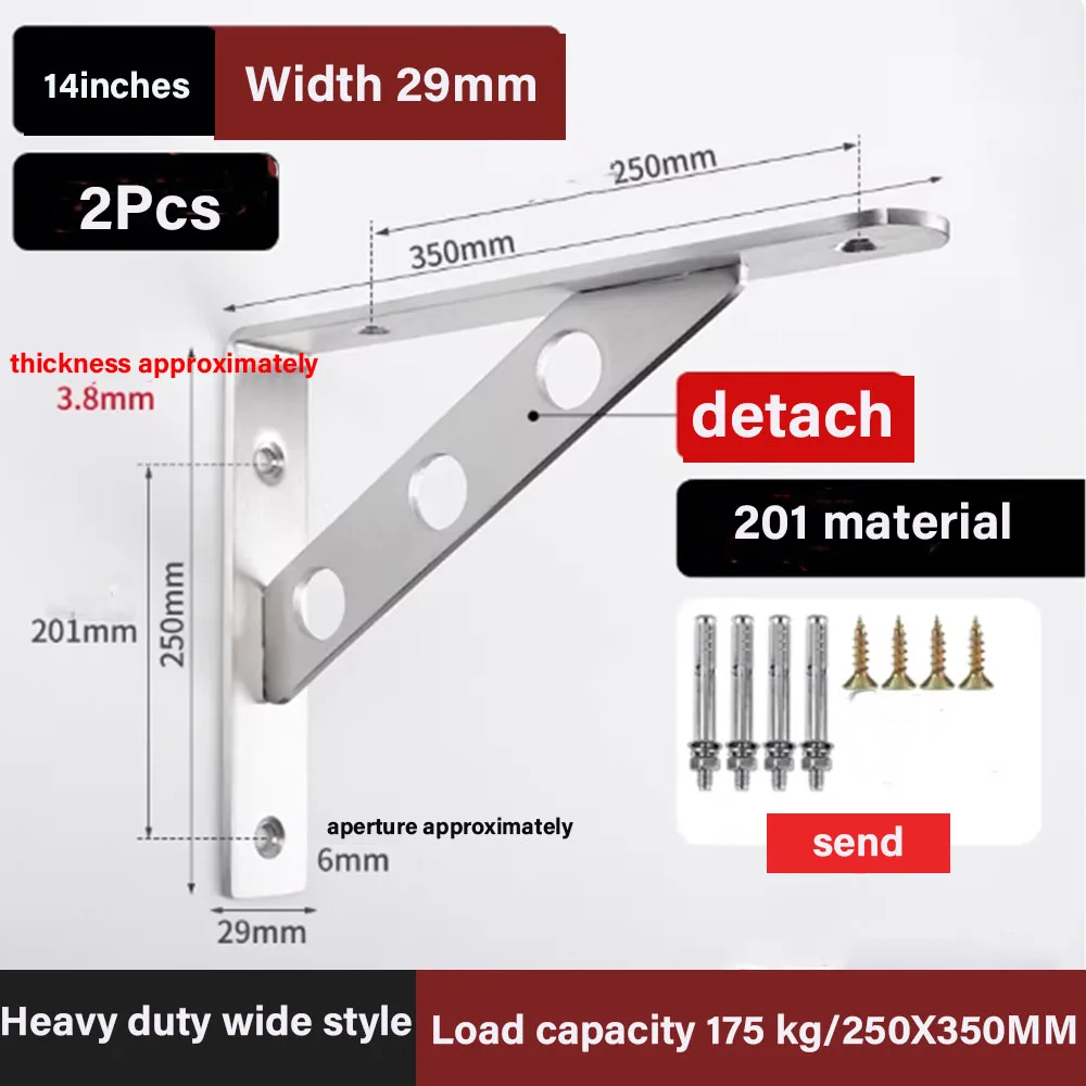 2Pcs 6/8/10/12/14 Inch Stainless Steel Triangle Shelf Brackets L Shape Wall Mounted Thickened Corner  Right Angle Support Holder