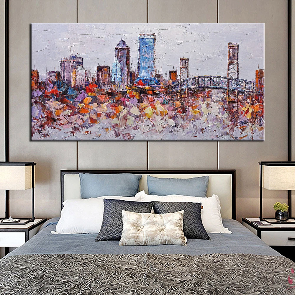 Handmade Oil Painting Skyline Wall Art City Oil Painting Canvas Original Art Framed Painting Abstract Palette Knife Painting