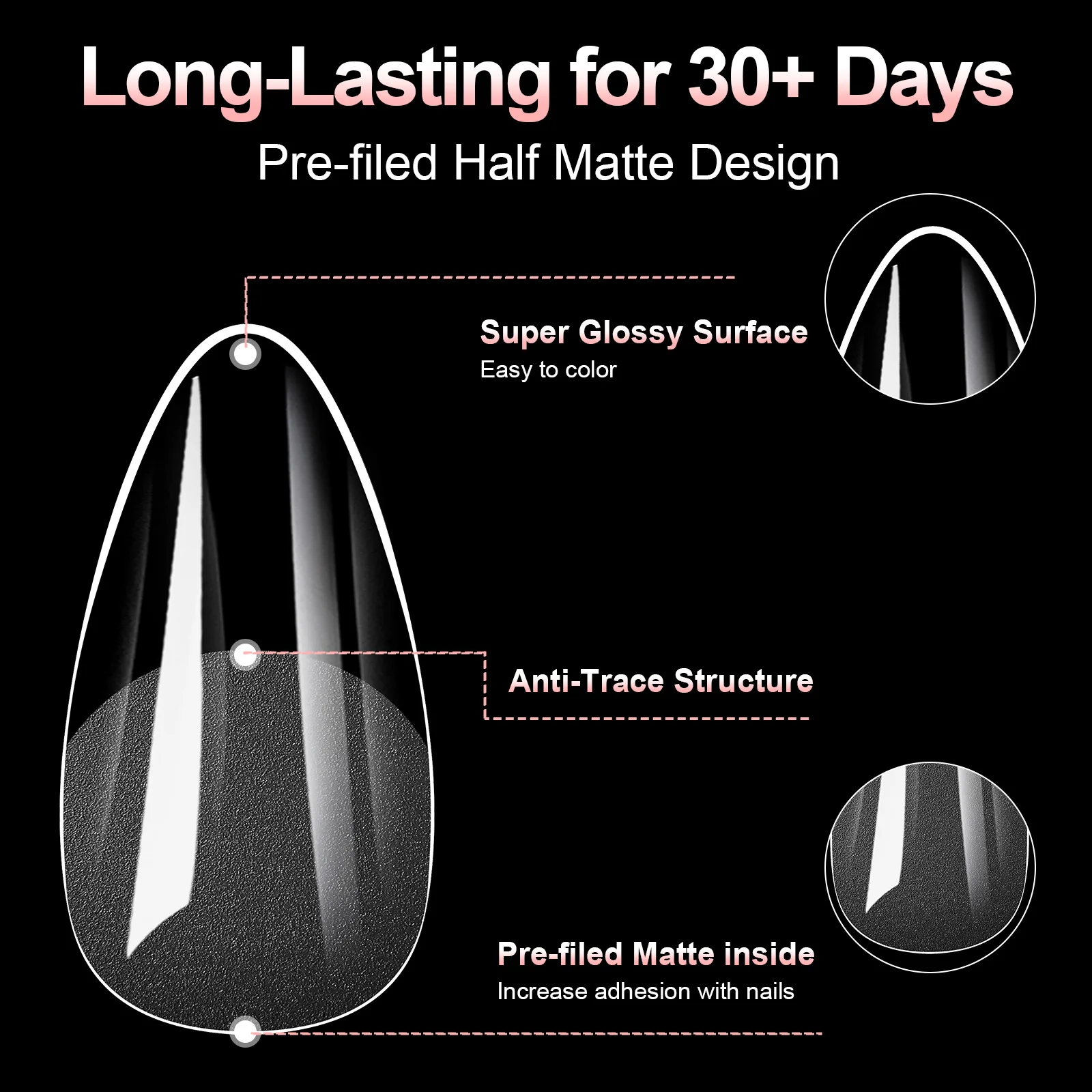 100 Stück transparente, halbmattierte Kunstnagelspitzen in Mandel-/Stiletto-/Coffin-/Quadratform, vollflächige Soft-Gel-Spitzen für DIY-Maniküre, zum Aufkleben ﻿ – Detail 5