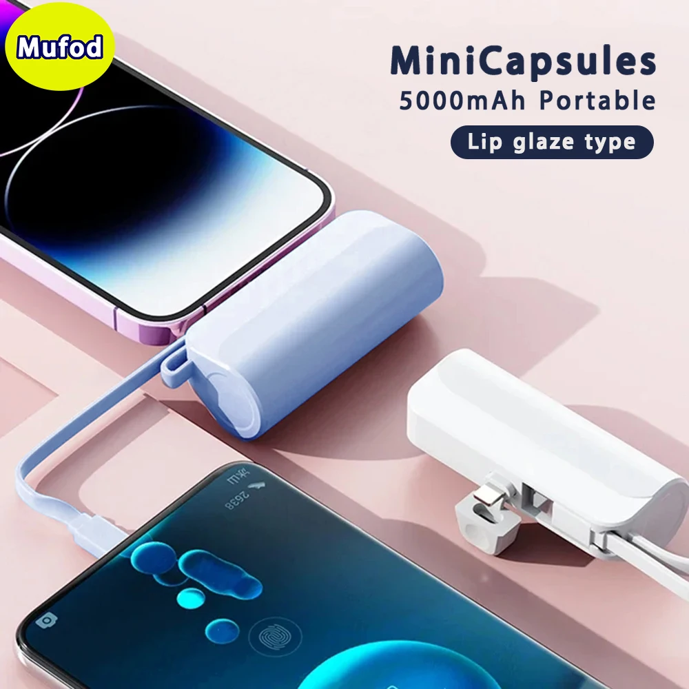 Mufod Bateria Externa Portátil Mini Capsules Para Iphone Lightning Type C Android Powerbank 5000mAh Carga Rápida Con Cable, Power Bank Tubo Brillo Labial Lápiz Labial Energía Para Móvil