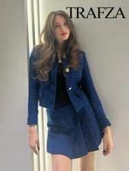 TRAFZA 2023 Women's Fashion Houndstooth Blazer Suit High Waist  Zipper Asymmetric Pleated Women's Chic Shorts 2-piece Set