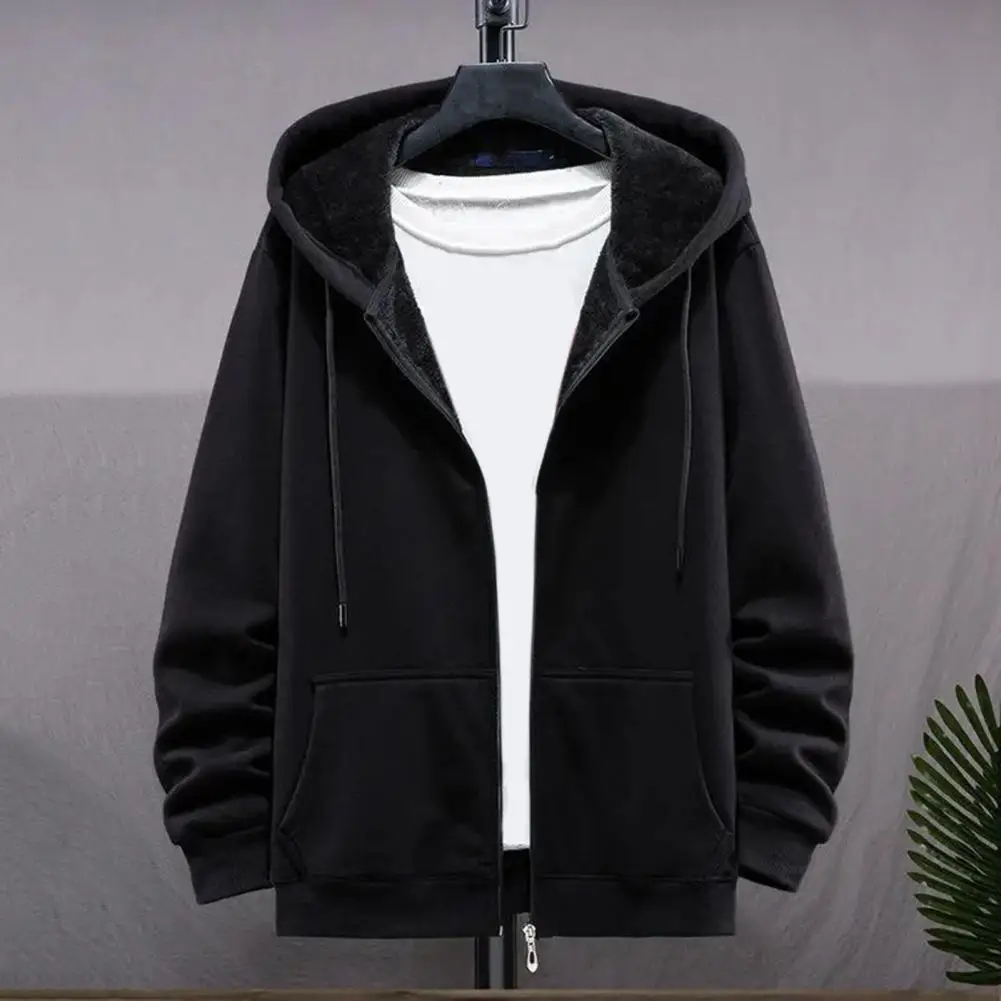 New Men\'s Sweater Autumn And Winter Fleece Thickened Hooded Solid Color Casual Sports Zipper Cardigan Top Men\'s Fleece Hoodie