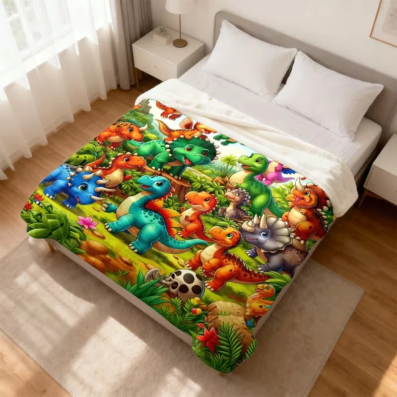 Cute Kids Cartoon Dinosaur Jungle Flannel Throw Blanket, Soft Cozy Lightweight Fleece Blanket for Boys Bedroom Sofa Home Decoration