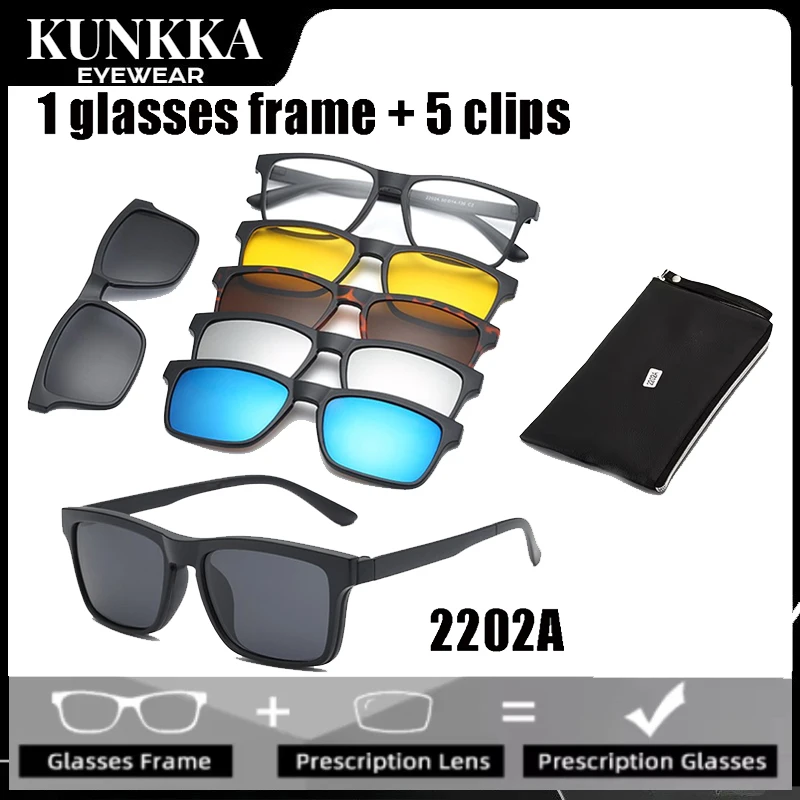 KUNKKA 6 in 1 Men Women Polarized Optical Magnetic Sunglasses Clip Magnet Clip on Sunglasses Clip on Sun Glasses Frame and Bag