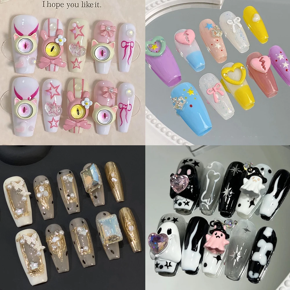 

Pure Handmade Long Almond Fake Nails 3D Pearl Rhinestone Decoration French Cute Ghost Design Artifical Full Cover Nail Tips