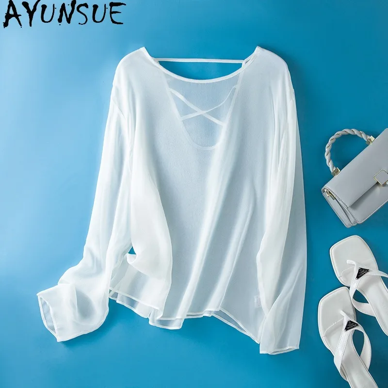 

AYUNSUE 100% Silk Tops for Woman Solid Color Long Sleeve Tops Spring Summer Pullover Causal Going Out Top Woman Clothes Футболка