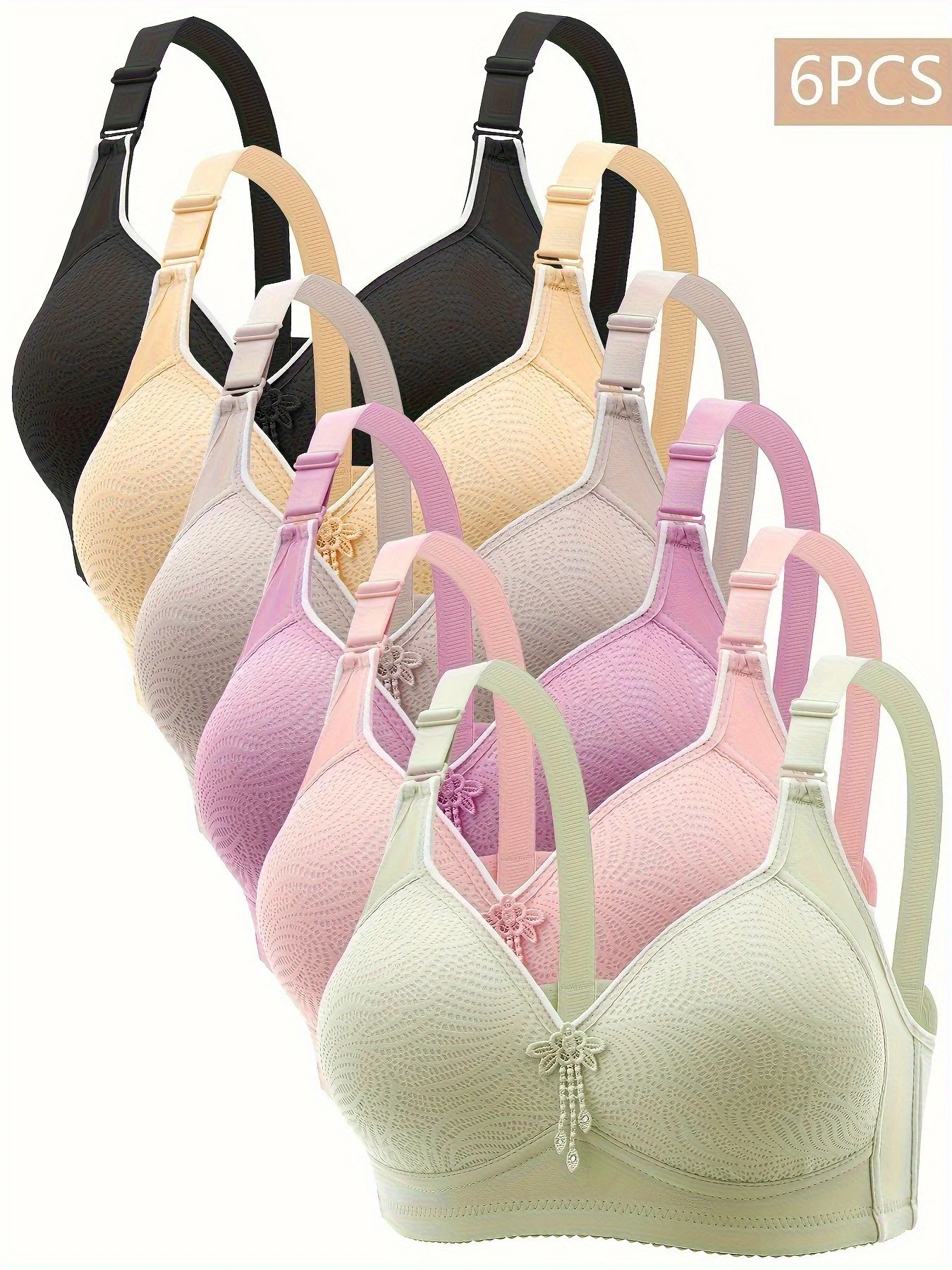 6 Pieces Color Women' Sexy Lace No Wire Bras Plus Size Adjustable Shoulders Strap T-Shirt Bra For Cup A B C D