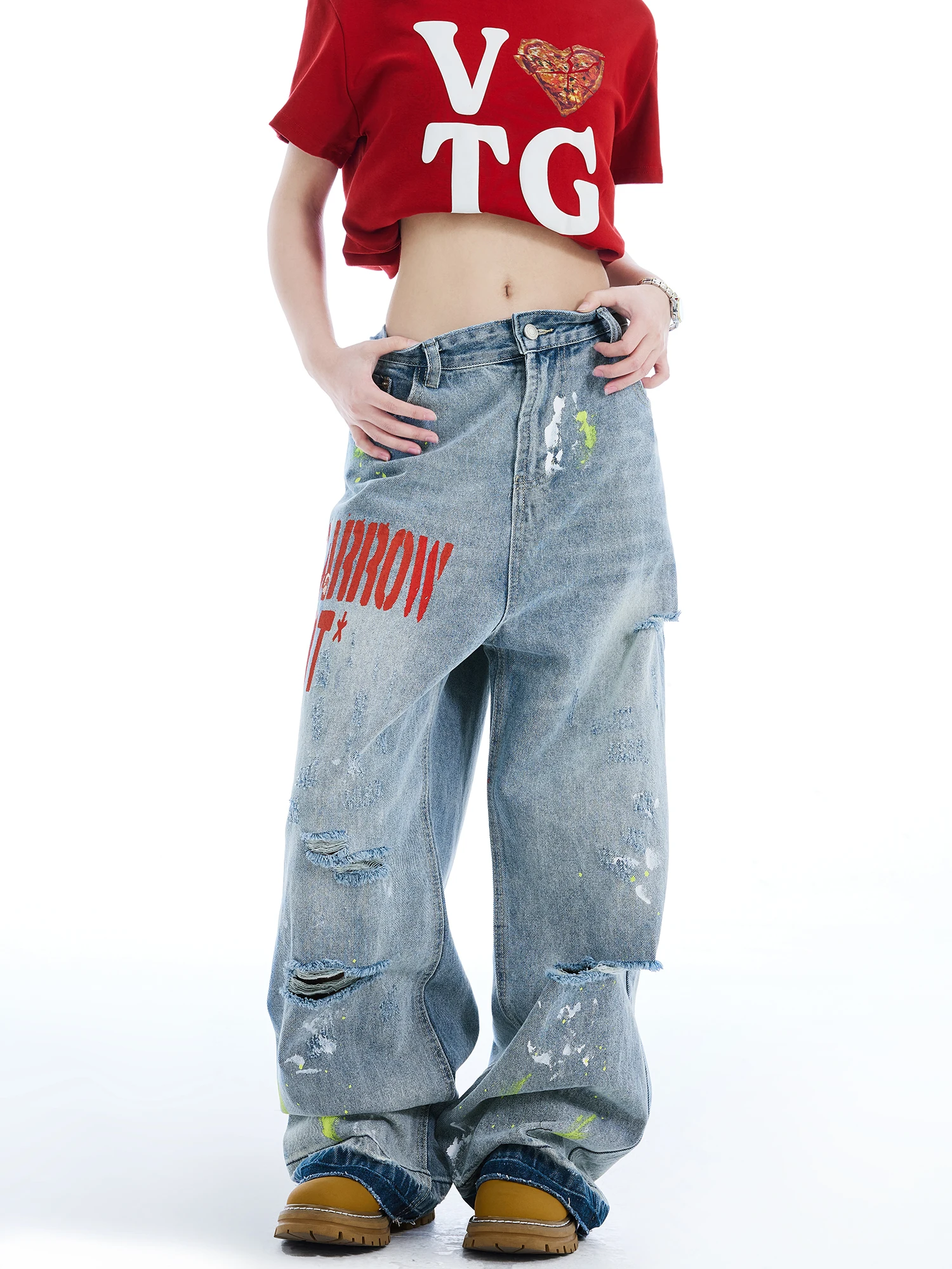 

Women's Pants American Style High Street Retro Washed Ink Splattered Ripped Loose Wide Leg Jeans Y2K Hip Hop Letter Print Pants