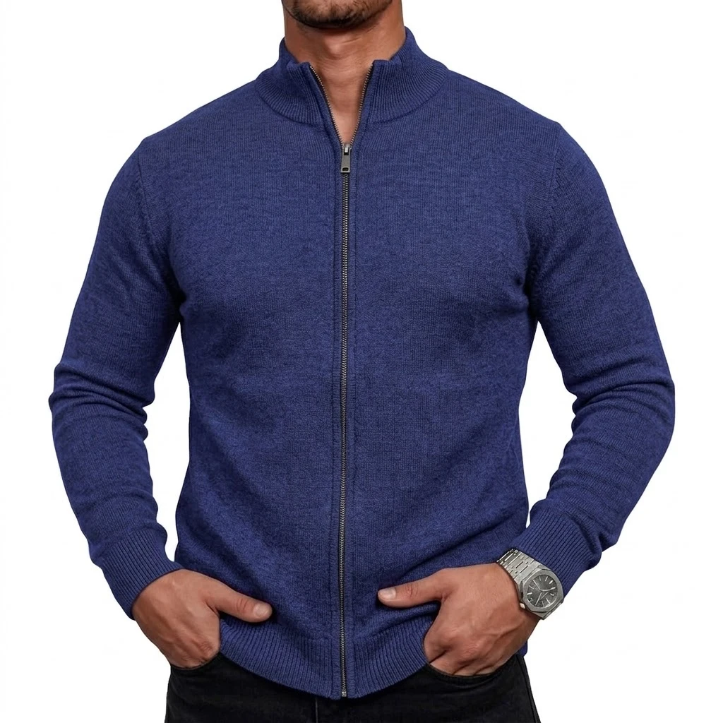 Herren-Strickjacke mit hohem Kragen und Reißverschluss, langärmelig, lässige Strickjacke, Mantel, Thermo-Strickware, Winter-Oberbekleidung mit Stehkragen – Detail 11