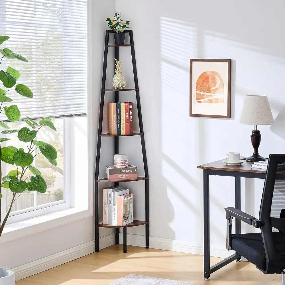 Corner Bookshelf, Industrial 5-Tier Bookshelf, Rustic Ladder Shelf, Corner Bookcase