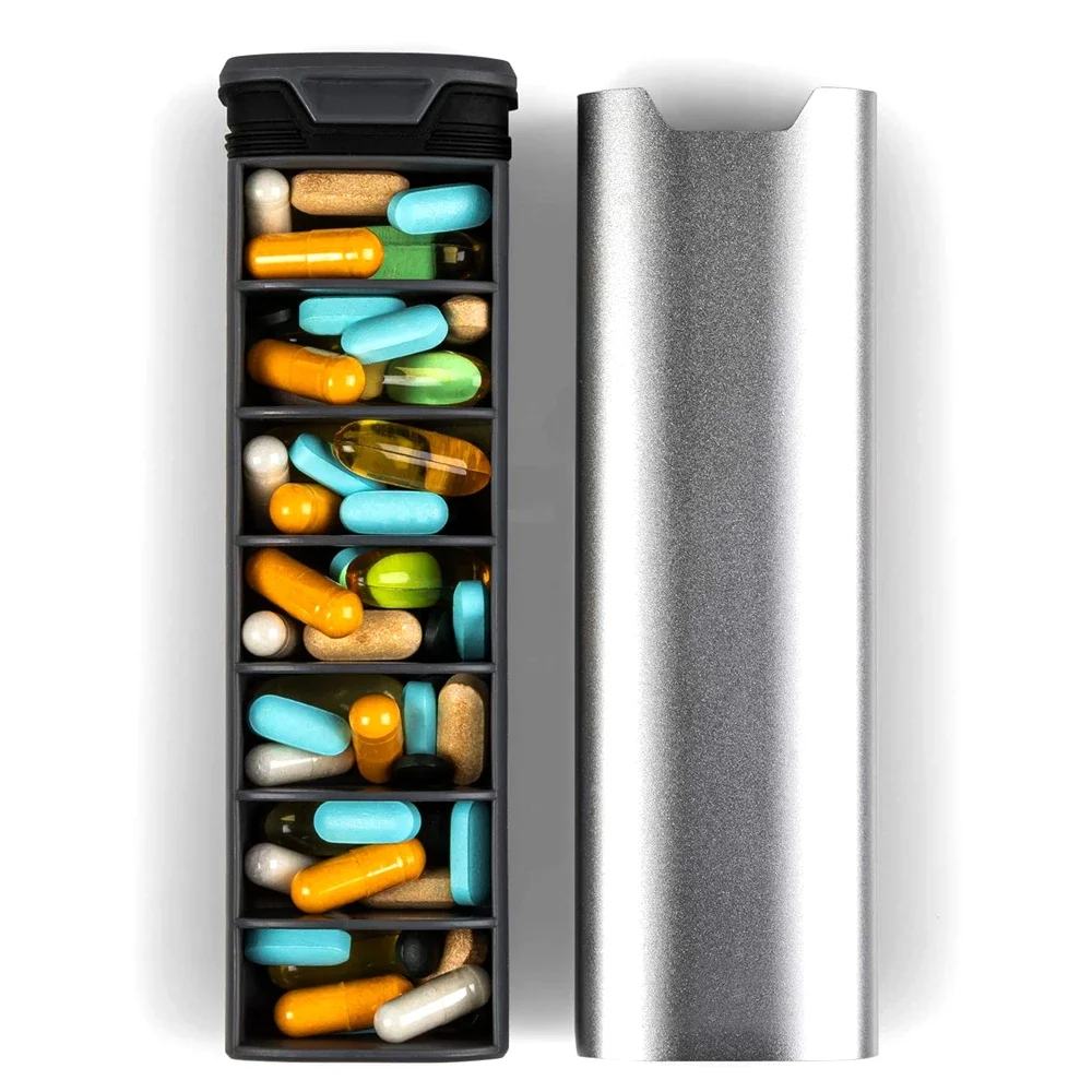 1Pcs 7 Day Weekly Pill Organizer - Premium Stylish Aluminum and Wood Large Capacity Pill Box for Supplements, Pills, Vitamins