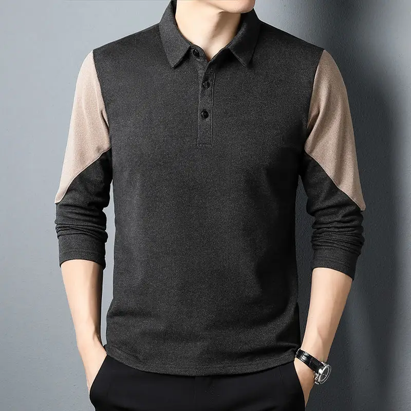 

Men's Clothing All-match Buttons Patchwork Turn-down Collar Long Sleeve Polo Shirts Autumn Winter Casual Zipper Pullover Top Tee