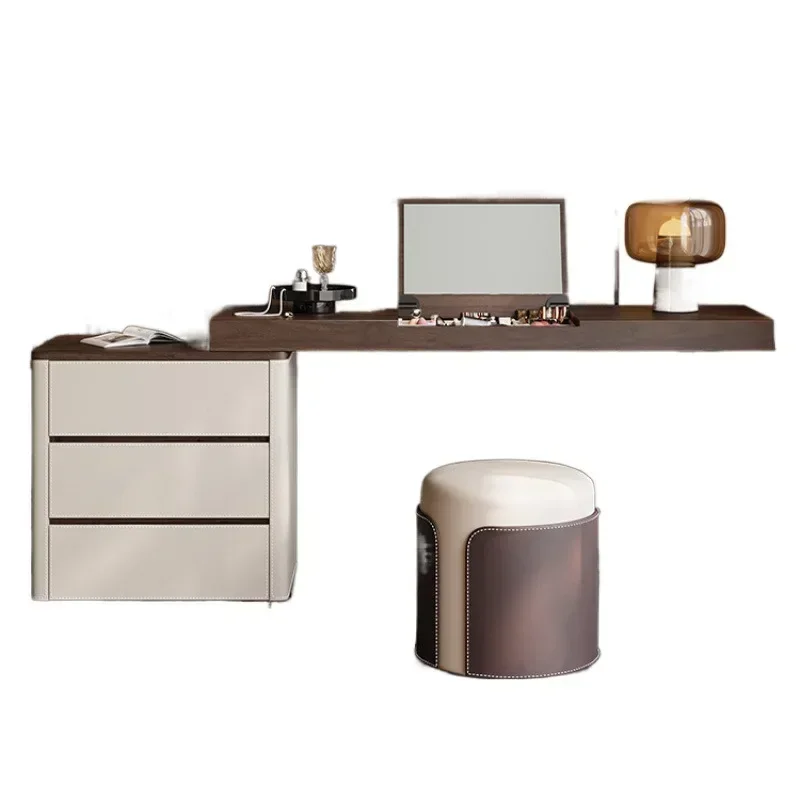 

All solid wood home dresser dressing table master bedroom saddle leather veneer flip mirror practical high-end desk dresser