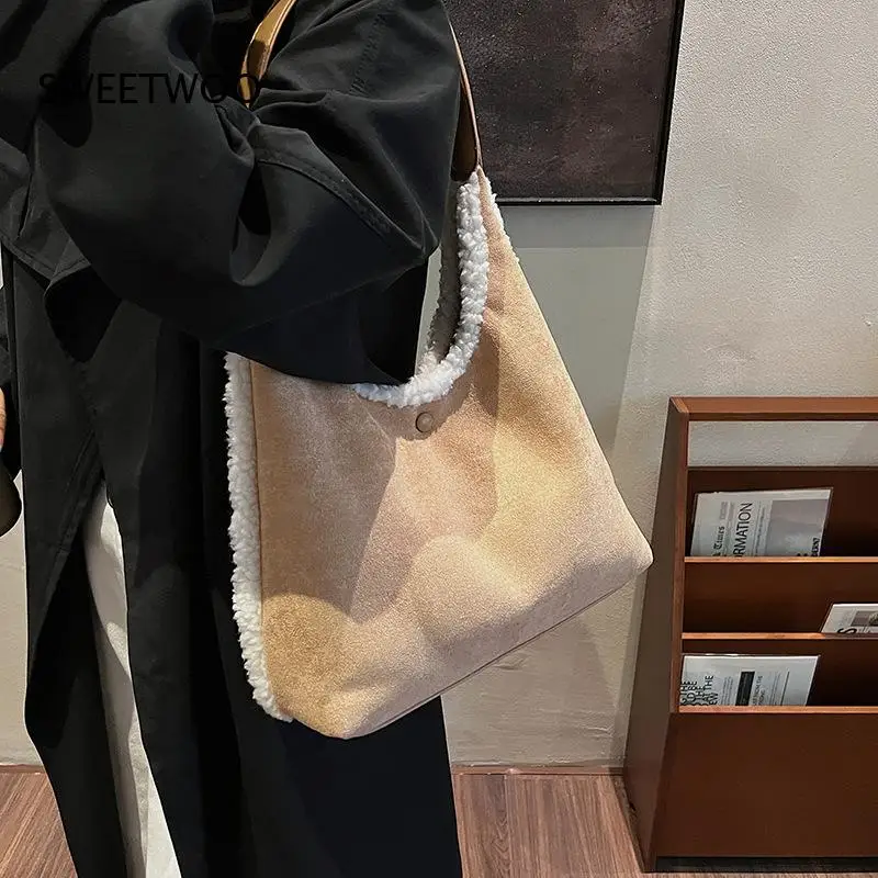 Suede Hobo Shoulder Bag Women Fuzzy Fleece Trim Faux Leather Wide Strap Snap Button Casual Daily Tote Handbag