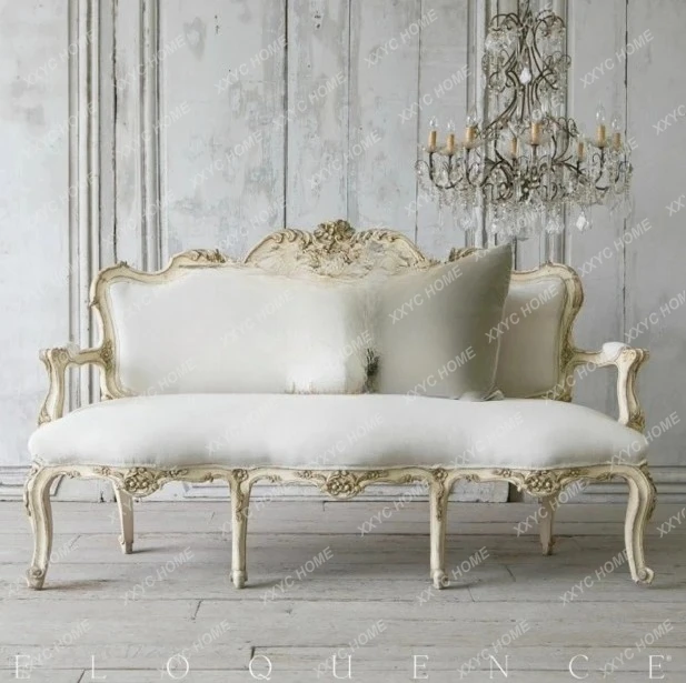 LX solid wood furniture retro carved old sofa, neoclassical living room cloth sofa