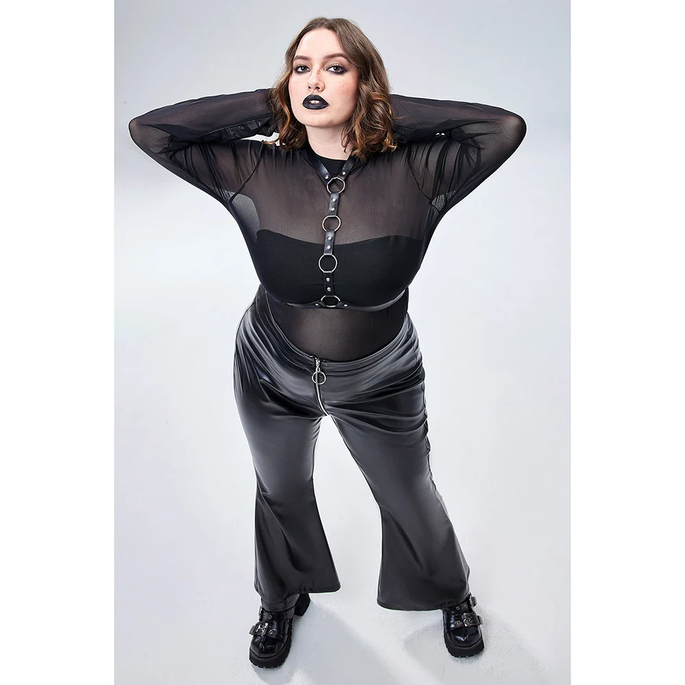 Plus Size Costume di Halloween camicetta a maniche lunghe trasparente in rete nera gotica