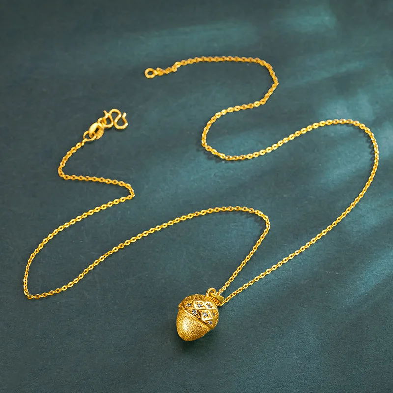 Fylia Jewelry   Luxury 24K 9999 Pure Gold real gold French Brushed Diamond Small Pine Fruit Pendant Necklace