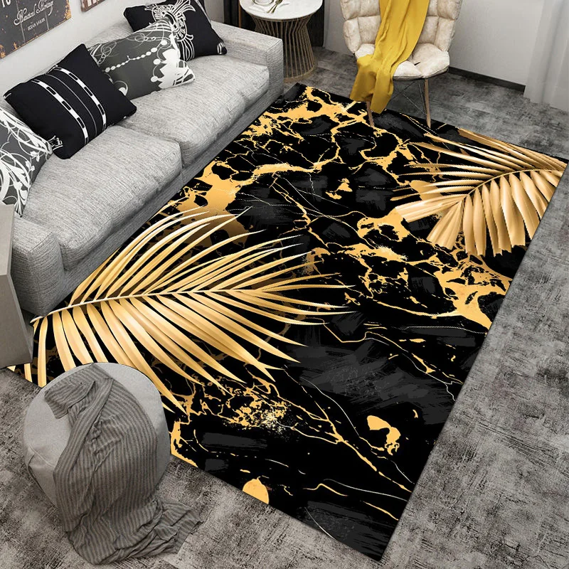 Luxury Gold Marble Golden Leaves Flannel Carpet Area Rugs Nordic Abstraction Soft Kids Room Bedside Flower Bedroom Floor Mat