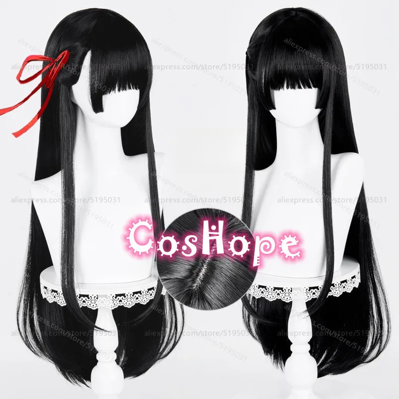 Chisa شعر مستعار تأثيري مع رباط شعر أحمر 85 سنتيمتر شعر مستعار أسود طويل أنيمي مقاومة للحرارة بيروكات صناعية لجميع القديسين كرنفال زي الحفلات