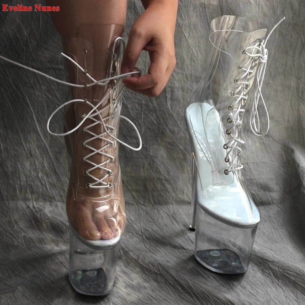 Sexy Transparent Ankle Boots Women's 2024 Lace-up Platform Solid Stiletto 20cm Super Heel Round Toe Model Catwalk Nightclub