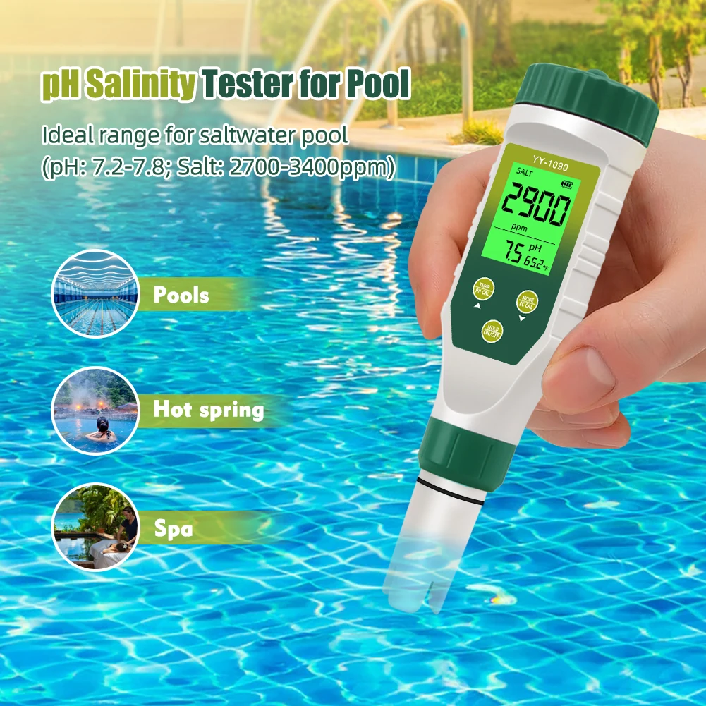 Yieryi الرقمية مقياس درجة الحموضة الملوحة TDS EC درجة الحرارة جهاز اختبار المياه المالحة 5 في 1 LCD المزدوج عرض Salimeter لأحواض السمك المائية بركة