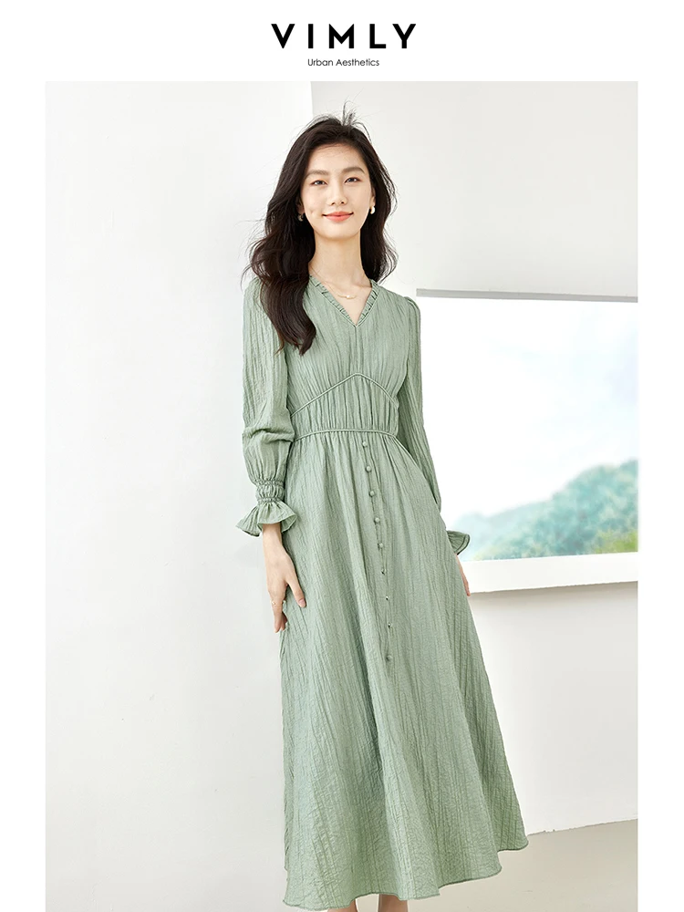 

Vimly Women's textured Lyocell Blend Midi Dresses 2023 Autumn Fashion V-neck Long Sleeve A-line Elegant Office Lady Dress M2979