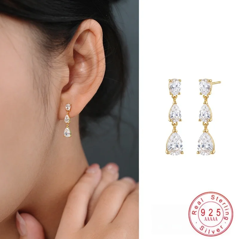 925 Sterling Silver Three Pear Cut Cubic Zirconia Long Drop Dangle Earrings for Women Teardrop CZ Dangling Earrings Jewelry