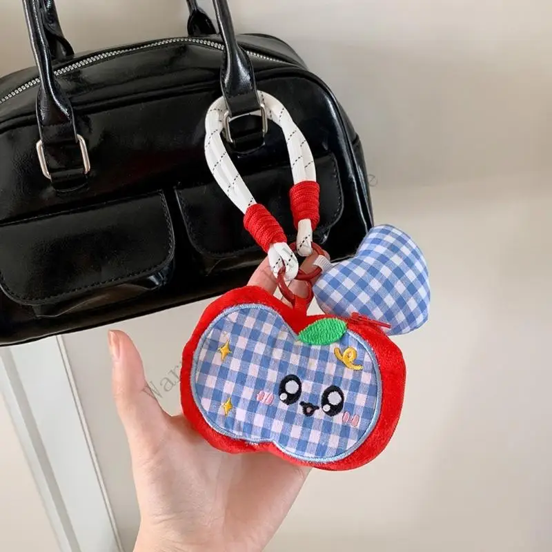 新しいぬいぐるみ漫画アップルキーホルダーミニコインパースバッグ韓国風ぬいぐるみチェック柄フルーツ子供用バックパックキーリングペンダントおもちゃ