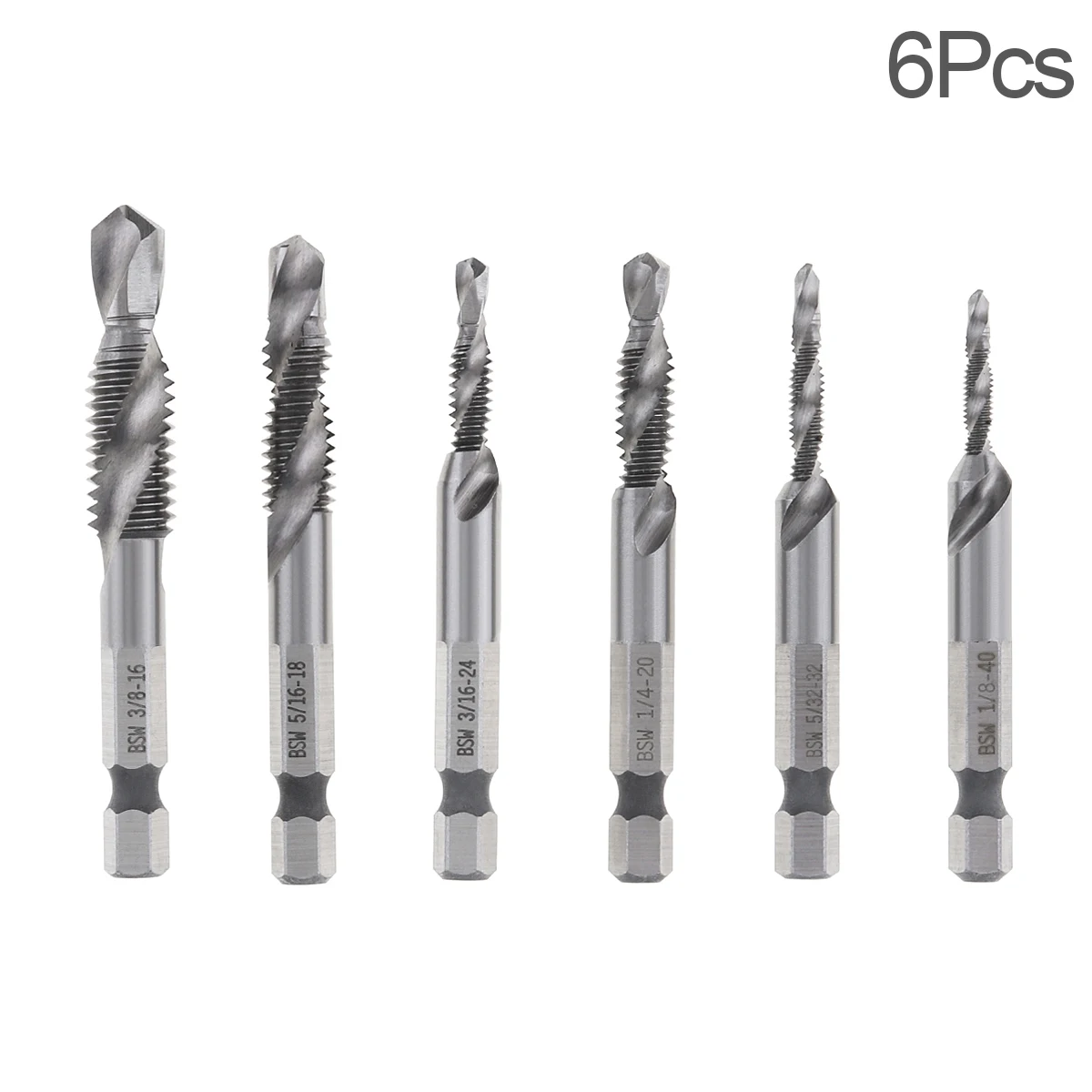 

6pcs 1/4 1/8 5/32 3/16 3/8 5/16 Inch HSS Combination Drill Tap Bit Set Hex Shank Deburr Countersink Bit for Woodworking