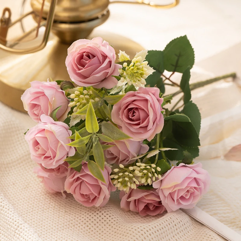 Ramo de Rosas Blancas de Seda Artificial de Diez Cabezas para Scrapbooking, Navidad, Bodas, Jardín, Fiestas, Decoración de Jarrones para el Hogar